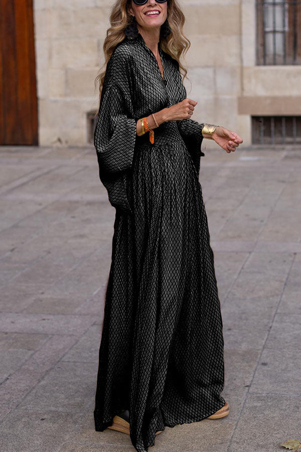Women's Casual Geometric Pattern V-Neck Long Sleeve Loose Maxi Dress