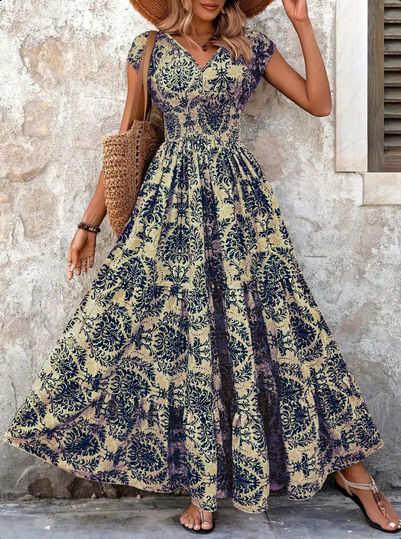 Women's Vacation Casual Boho Printed V-Neck Short Sleeve Loose Dress