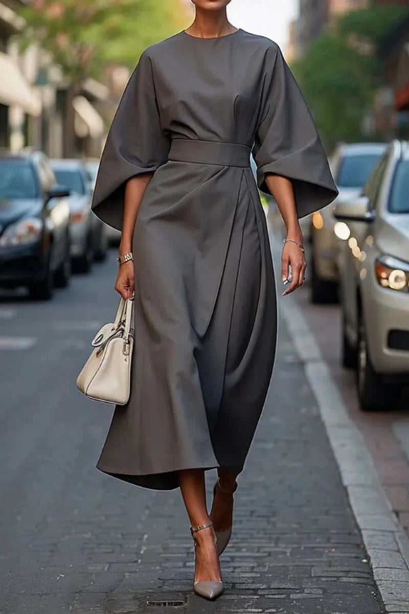Women's Elegant Solid Color High Waist Bat Sleeve Dress