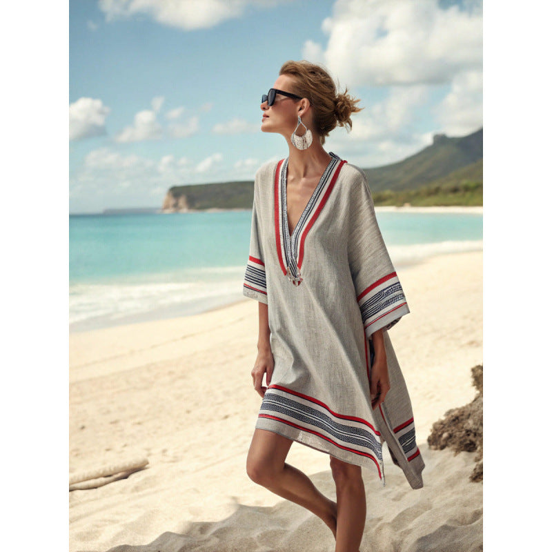 Women's Casual Boho Vacation Printed V-Neck Short Sleeve Loose Dress