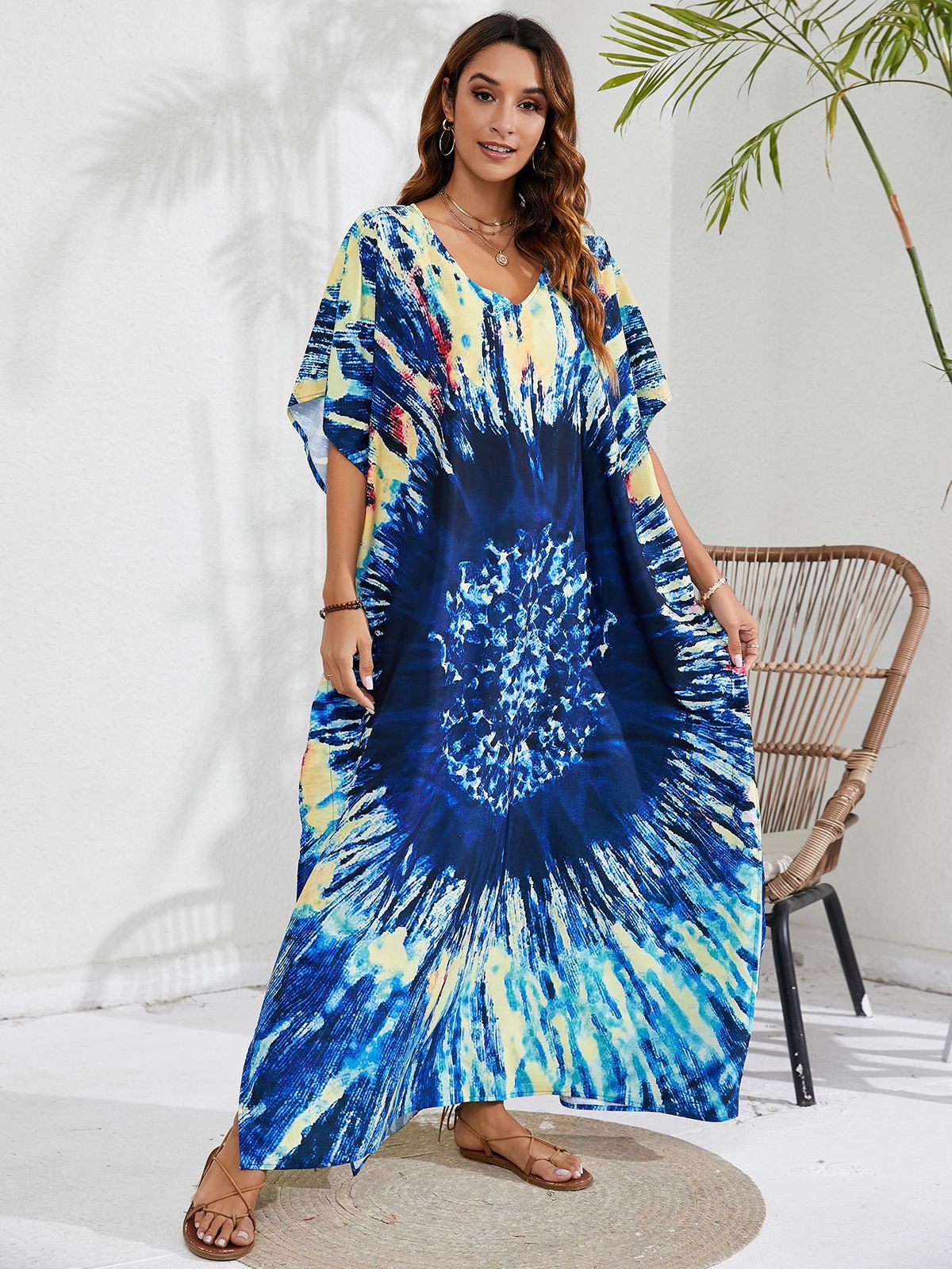 Women's Casual Tie-Dye Beach Short Sleeve Loose Swimsuit Cover-Ups
