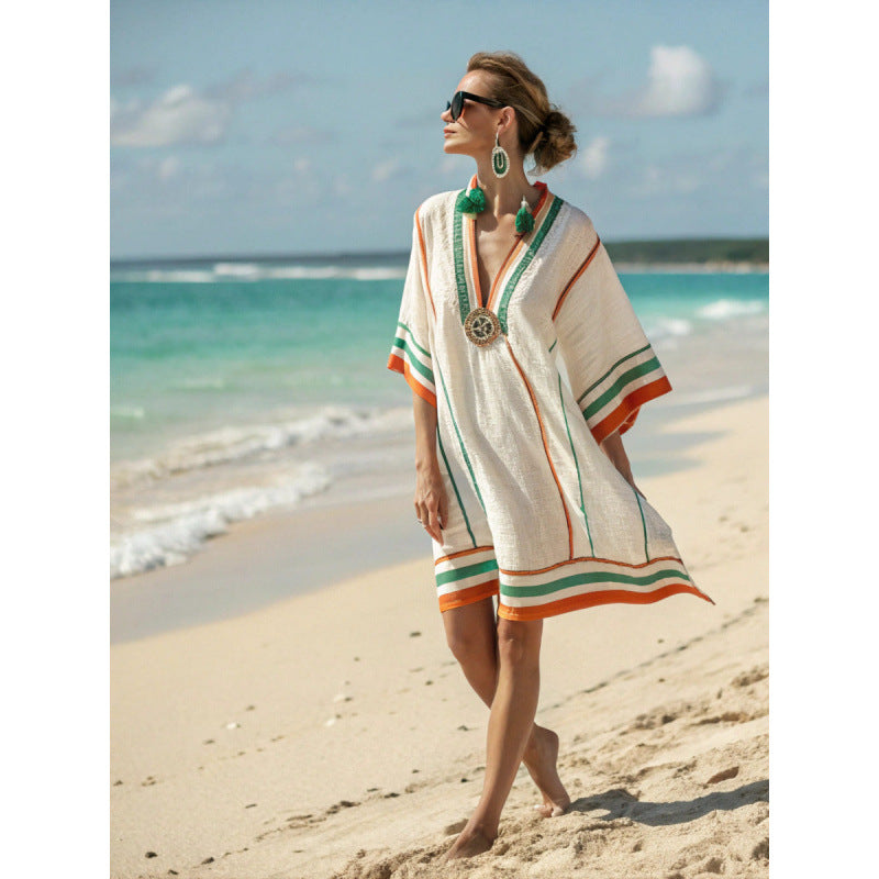 Women's Casual Boho Vacation Printed V-Neck Short Sleeve Loose Dress