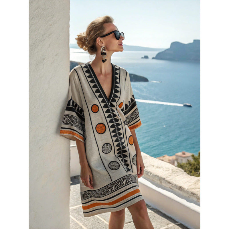 Women's Casual Boho Vacation Printed V-Neck Short Sleeve Loose Dress