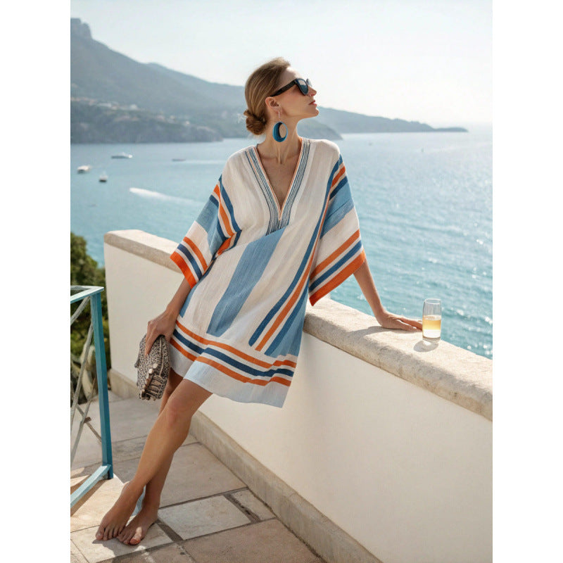 Women's Casual Boho Vacation Printed V-Neck Short Sleeve Loose Dress