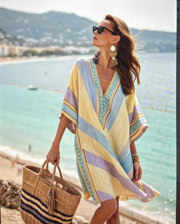 Women's Casual Boho Vacation Printed V-Neck Short Sleeve Loose Dress