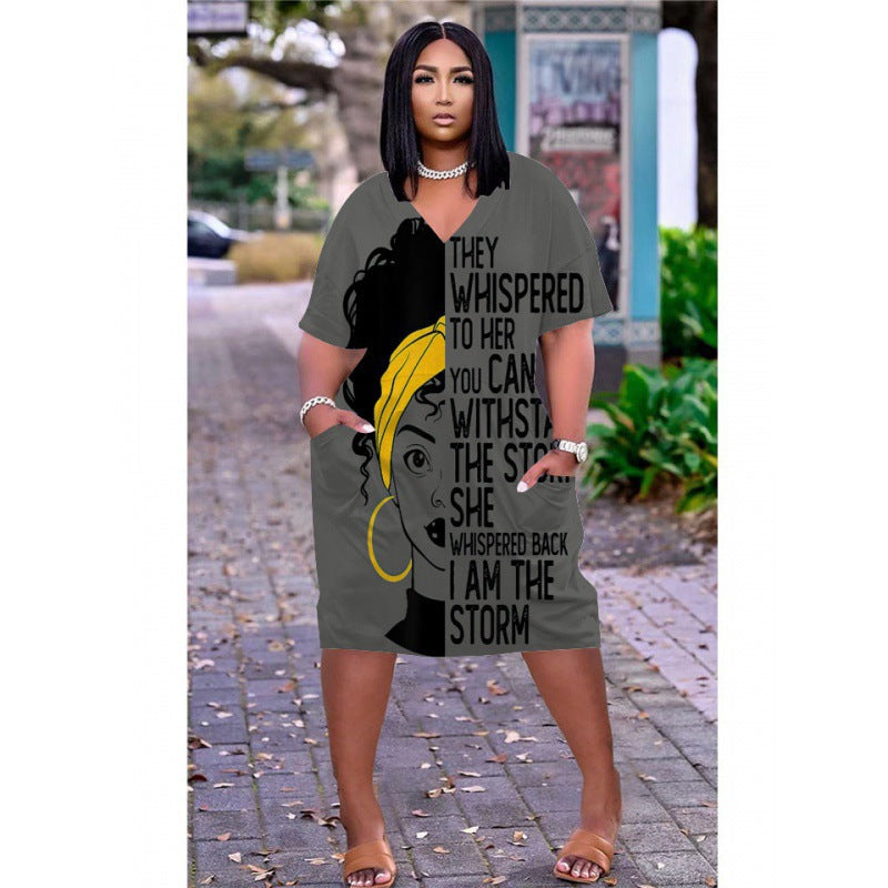 Women's Multicolor Human Avatar Printed V-Neck Short Sleeve Mid-Length Dress