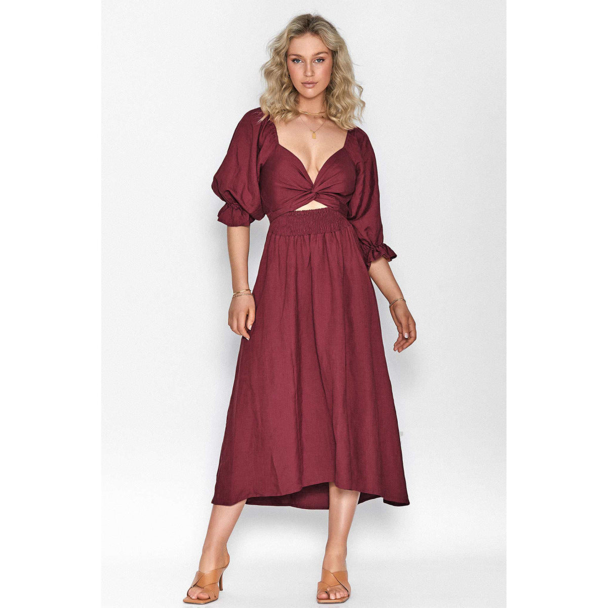 Women's Elegant Solid Color Long Sleeve V-Neck Midi Dress