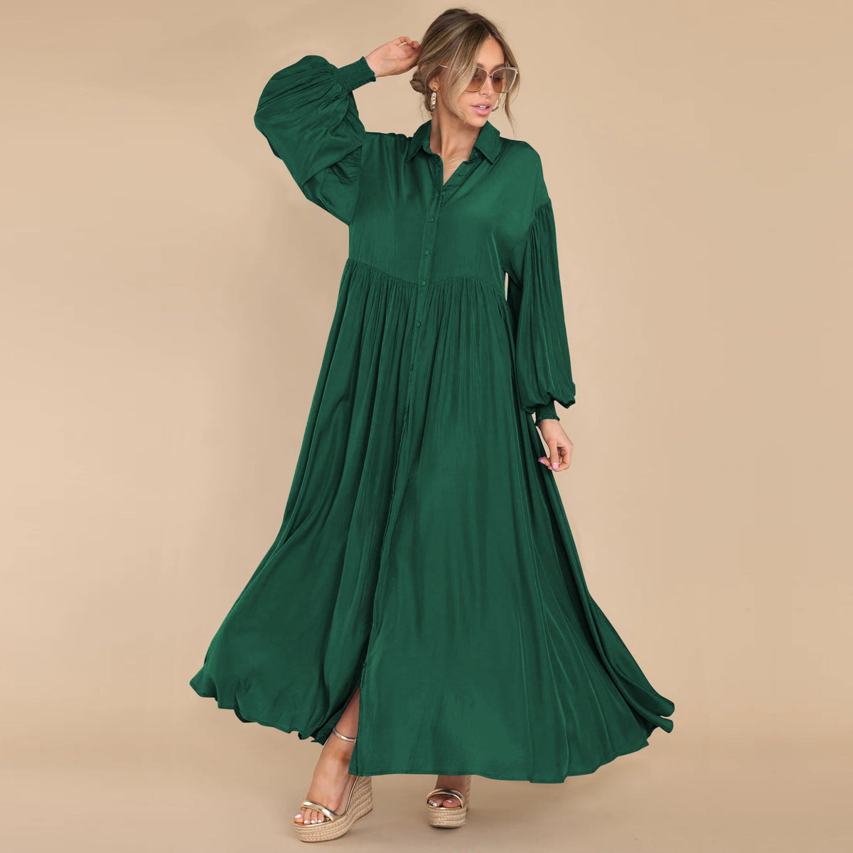 Women's Casual Solid Color Creased Long Sleeve Maxi Dress