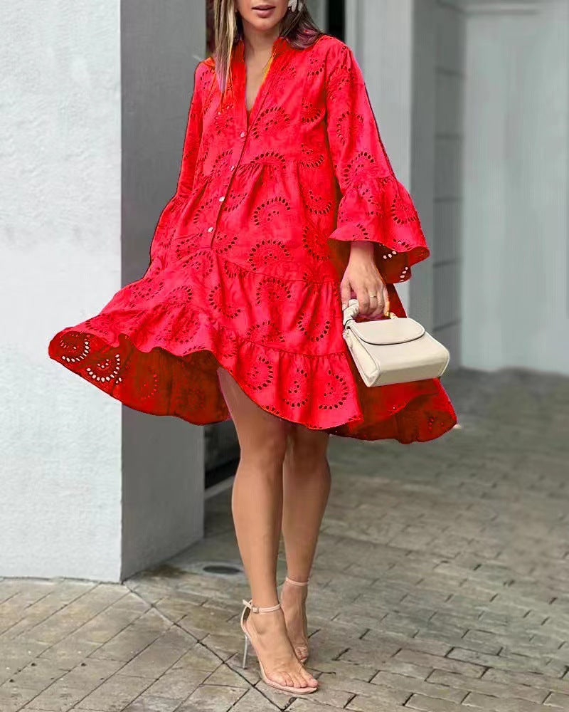 Women's Casual Cotton Princess Dress V-Neck Hollow Midi Dress
