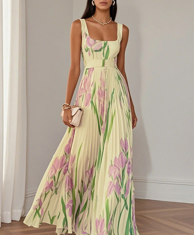 Women's Elegant Spring Flower Print Sleeveless Pleated Dress