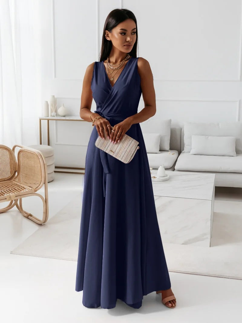 Women's Casual Summer Solid Color Lace-Up V-Neck Sleeveless Long Dress