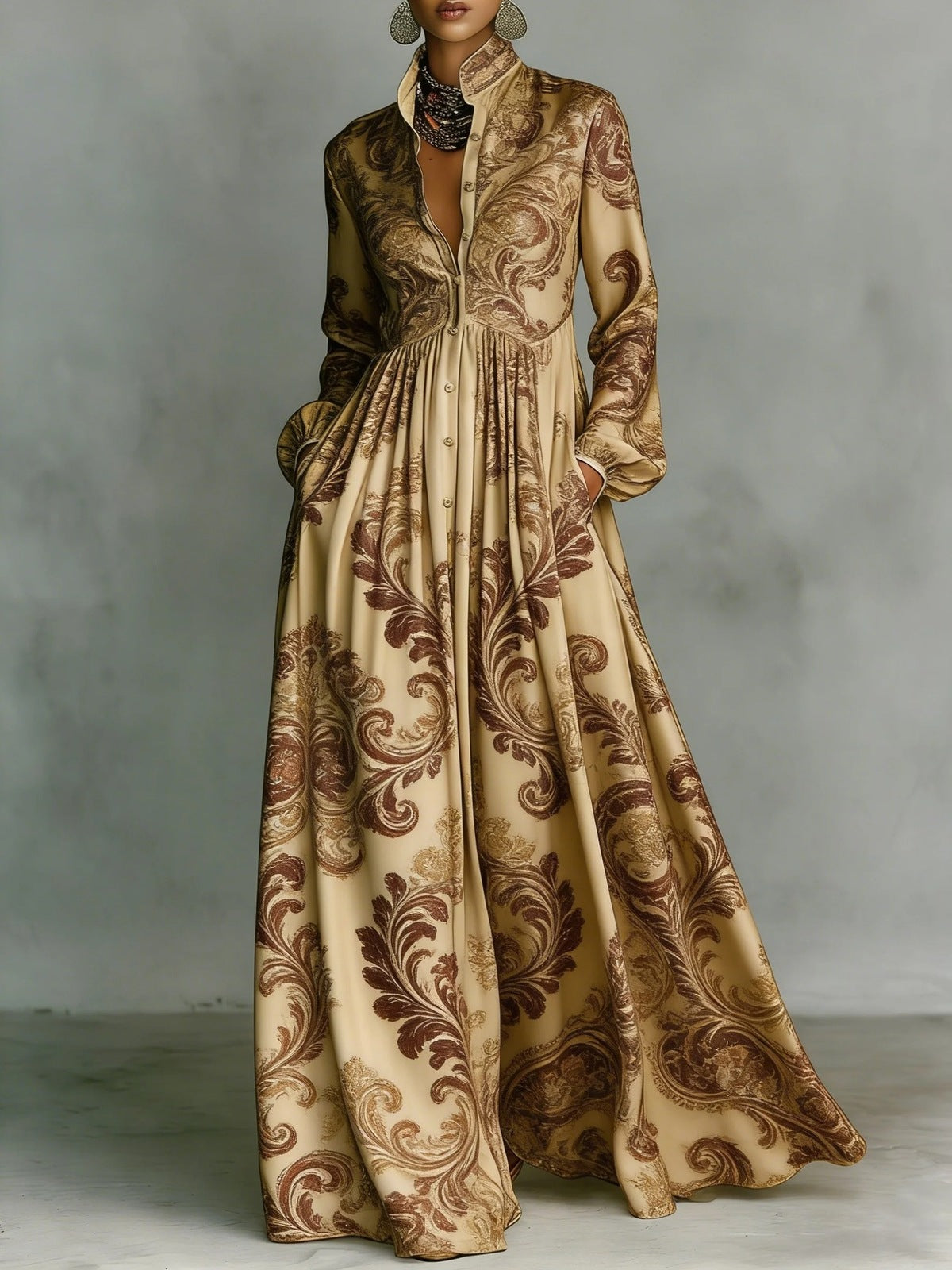 Women's Vacation Casual Elegant Printed Long Sleeve Single-Breasted Maxi Dress