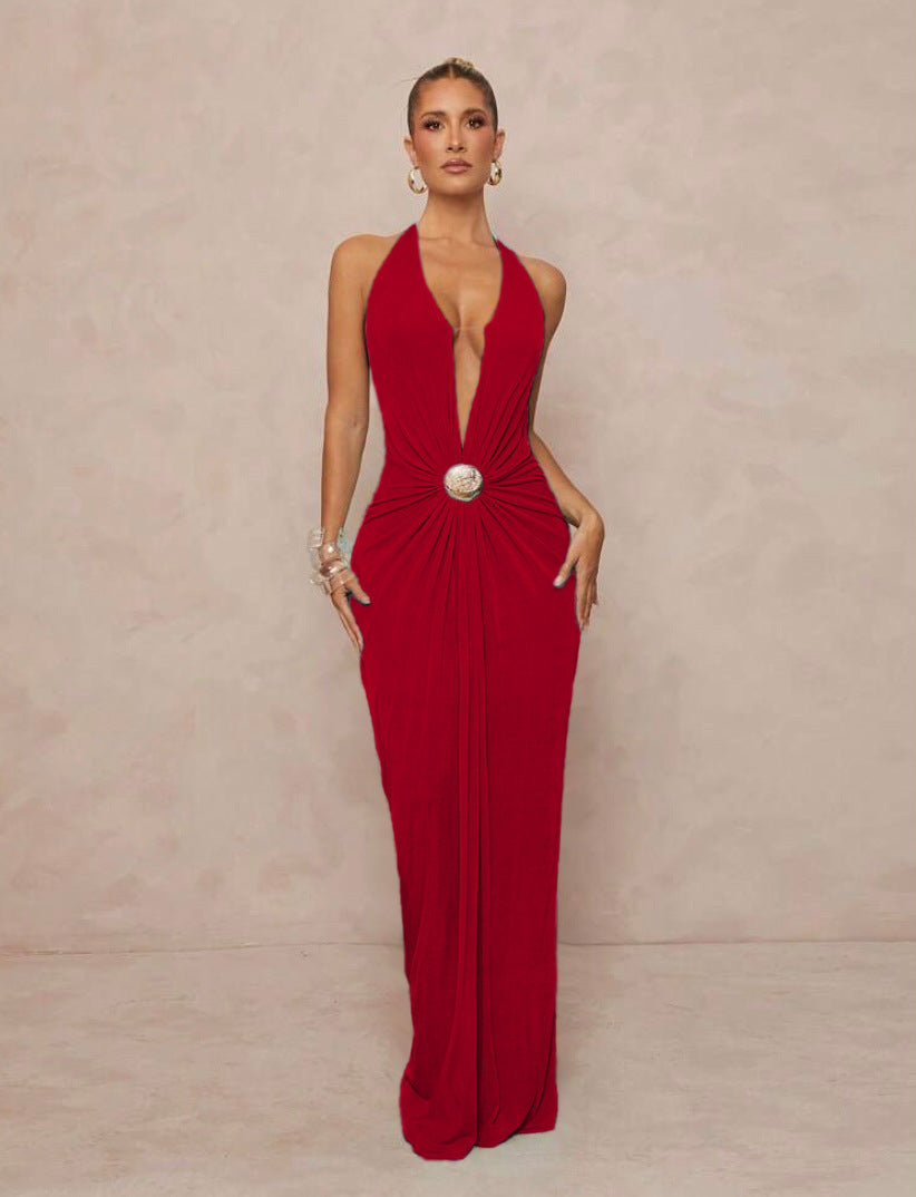 Women's Sexy Solid Color V-Neck Halter-Neck Backless Dress
