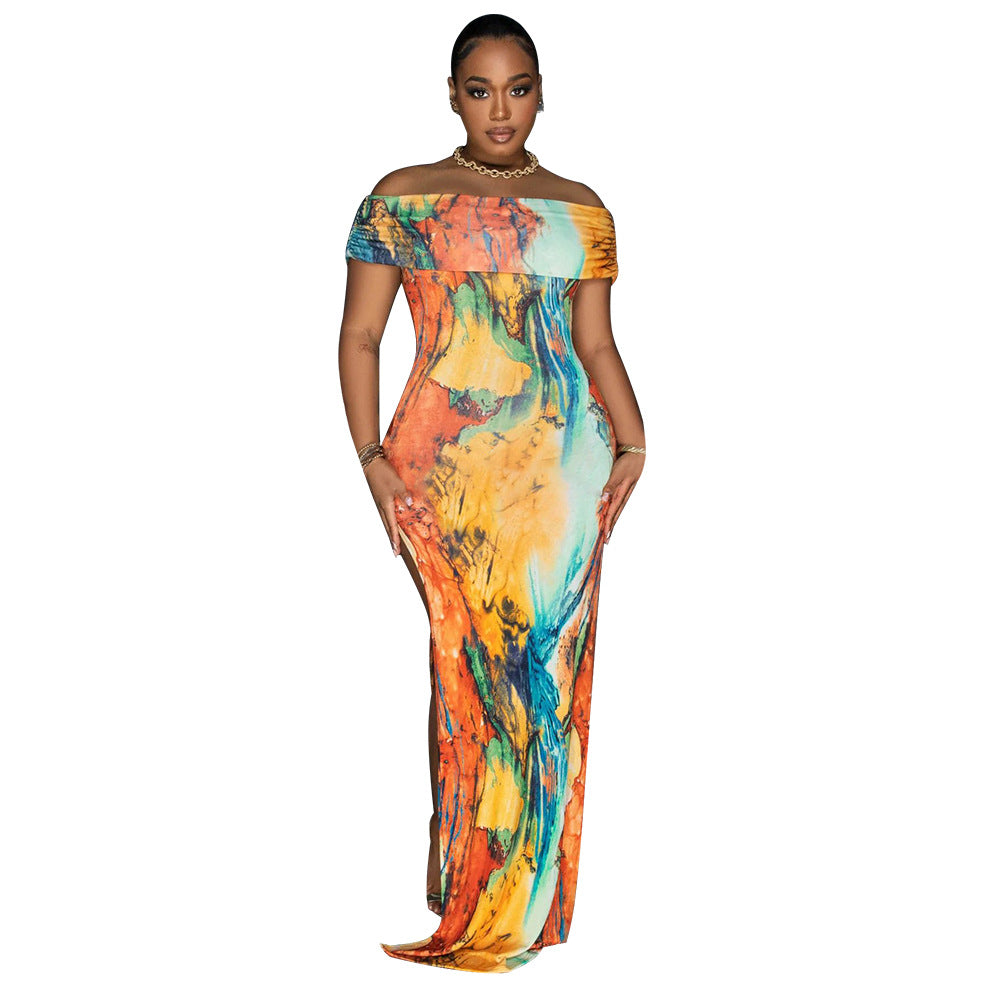 Women's Off-Shoulder Sexy High Split Tie Dye Print Maxi Dress