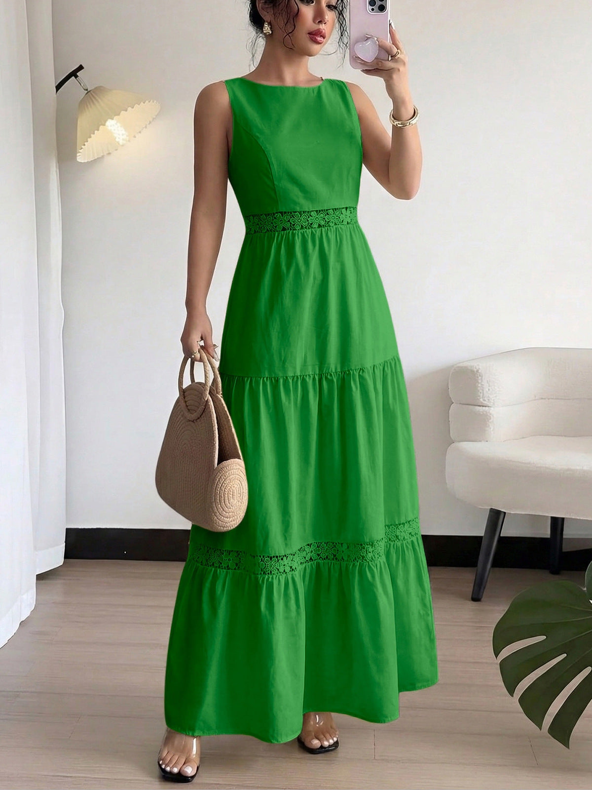 Women's Casual Spring and Summer Solid Color Sleeveless Lace-Up A-Line Dress