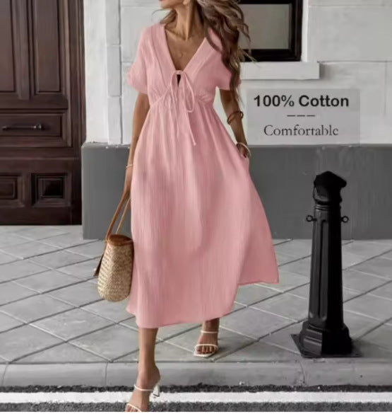 Women's Casual Summer Solid Color V-Neck Short Sleeve Loose A-Line Dress