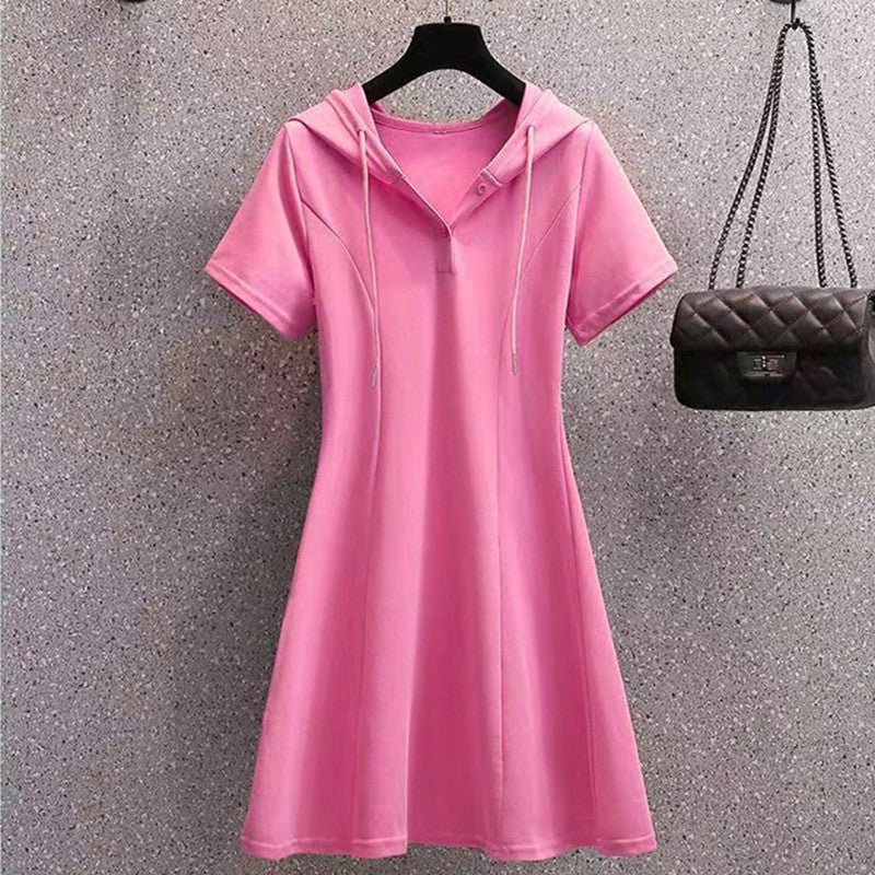 Women's Casual Solid Color V-Neck Short Sleeve Loose Hooded Pullover Dress