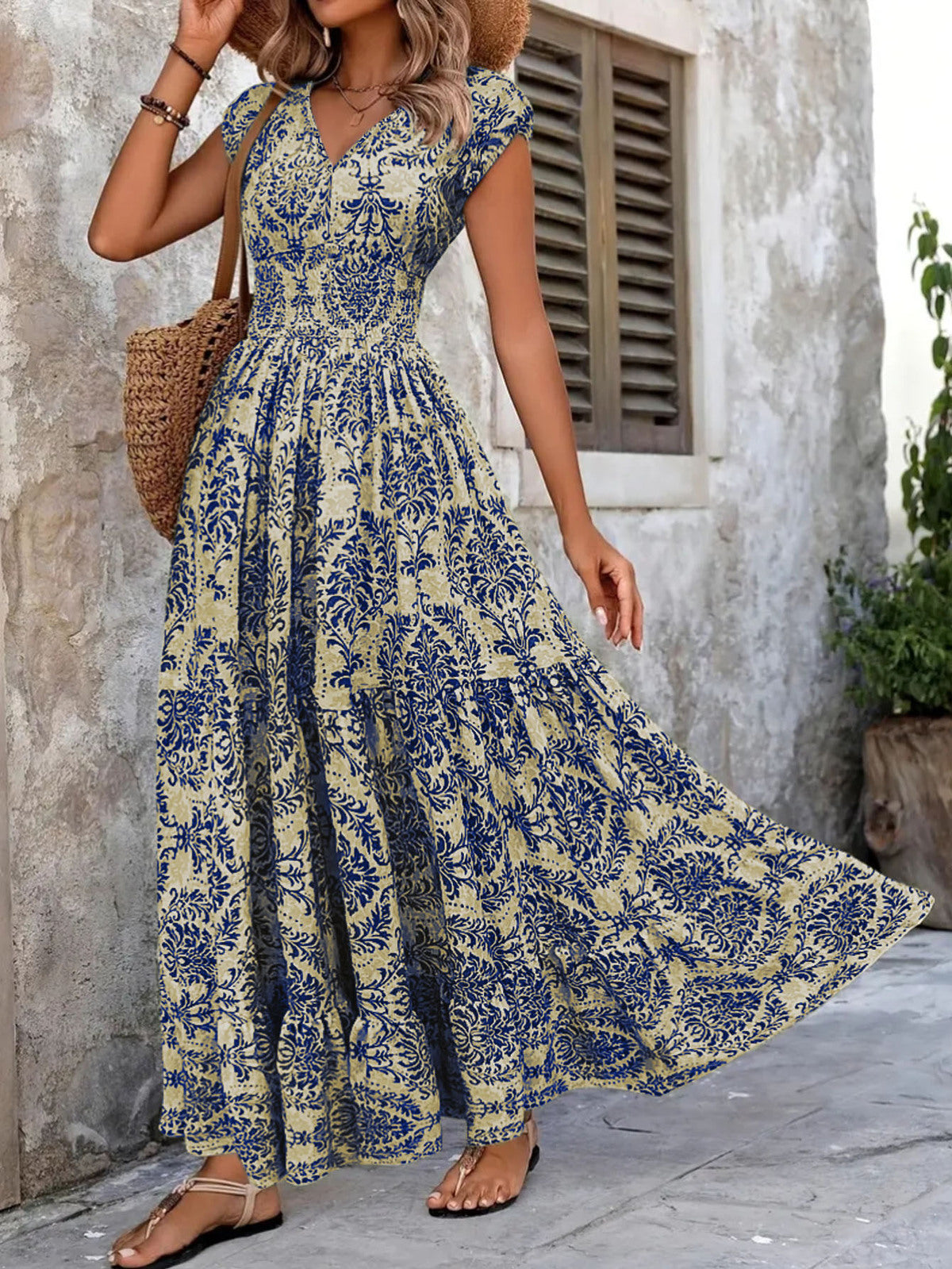 Women's Casual Boho Printed V-Neck Short Sleeve Loose Dress
