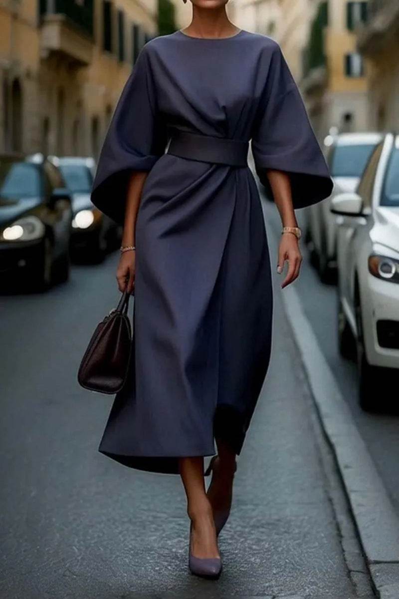 Women's Elegant Solid Color High Waist Bat Sleeve Dress