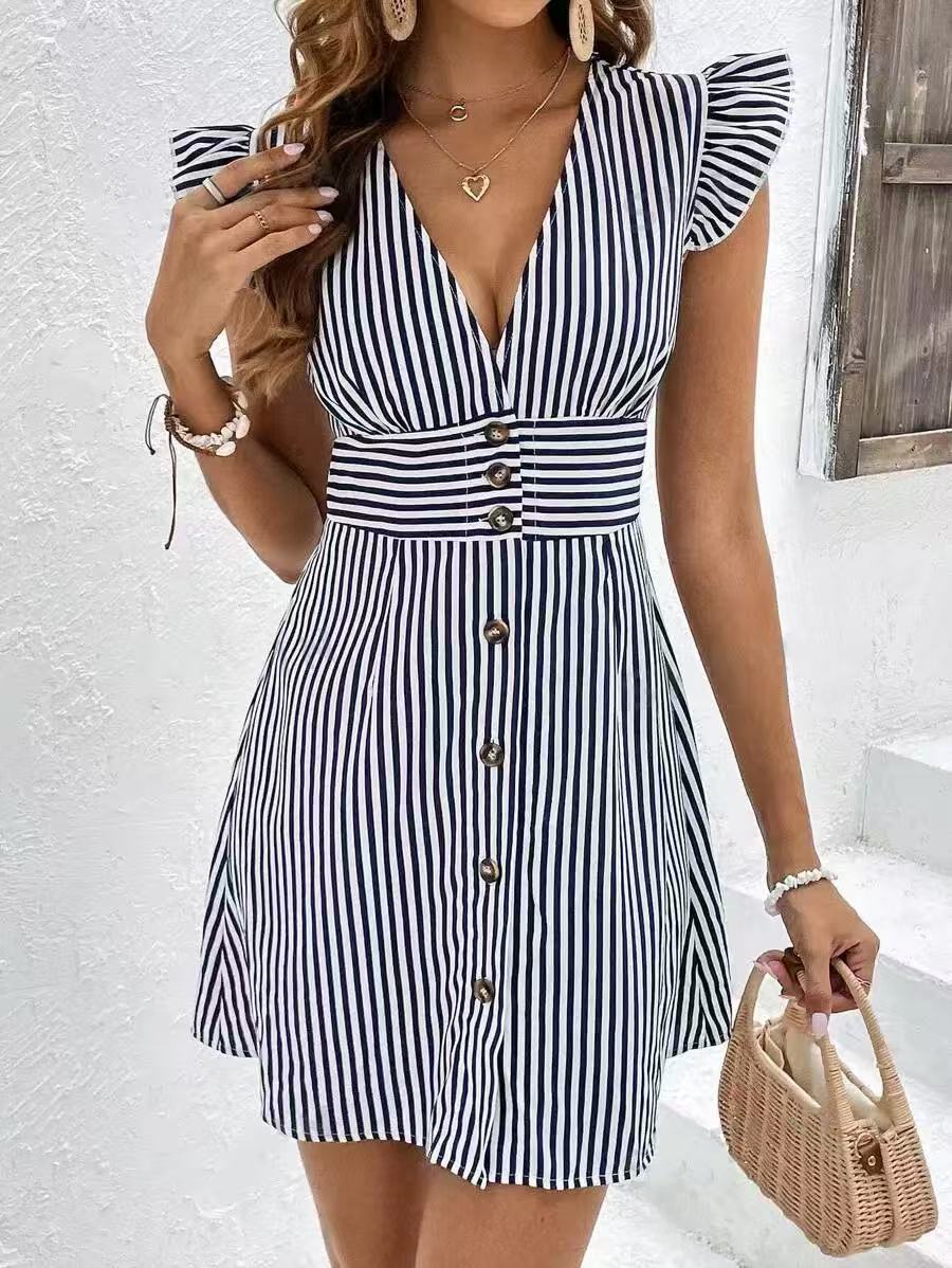Women's Summer Casual Stripe Print Ruffled V-Neck Single-Breasted Mini Dress