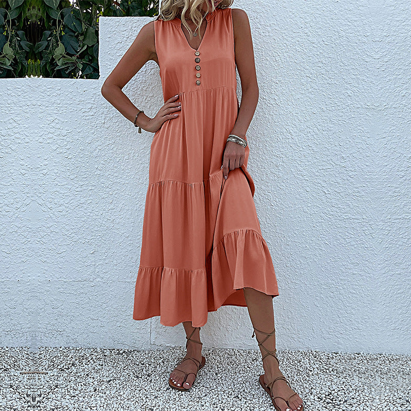 Women's Summer Solid Color Sleeveless Loose Casual Midi Dress