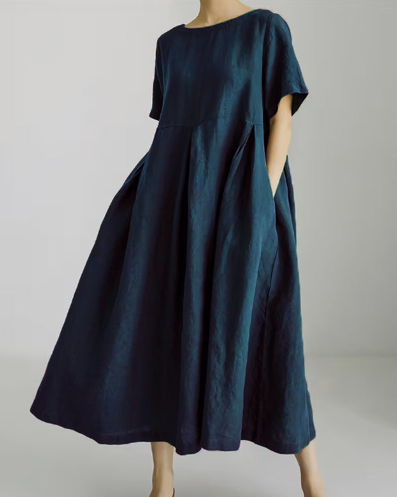 Women's Casual Solid Color Cotton and Linen Round Neck Short Sleeve Loose Dress
