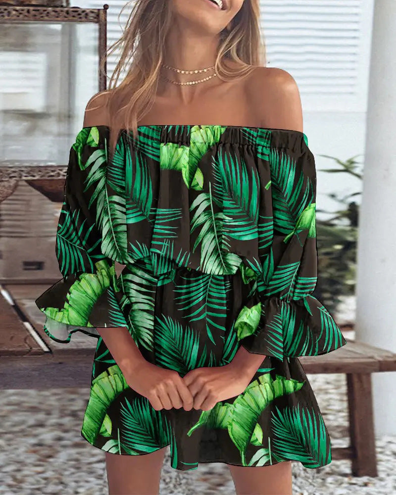 Women's Casual Loose Flower Print Off-Shoulder Long Sleeve Loose Dress