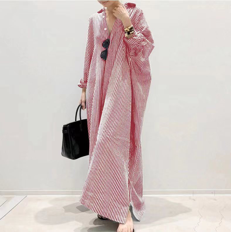 Women's Loose Stripe Print Large Size Maxi Dress, with Raglan