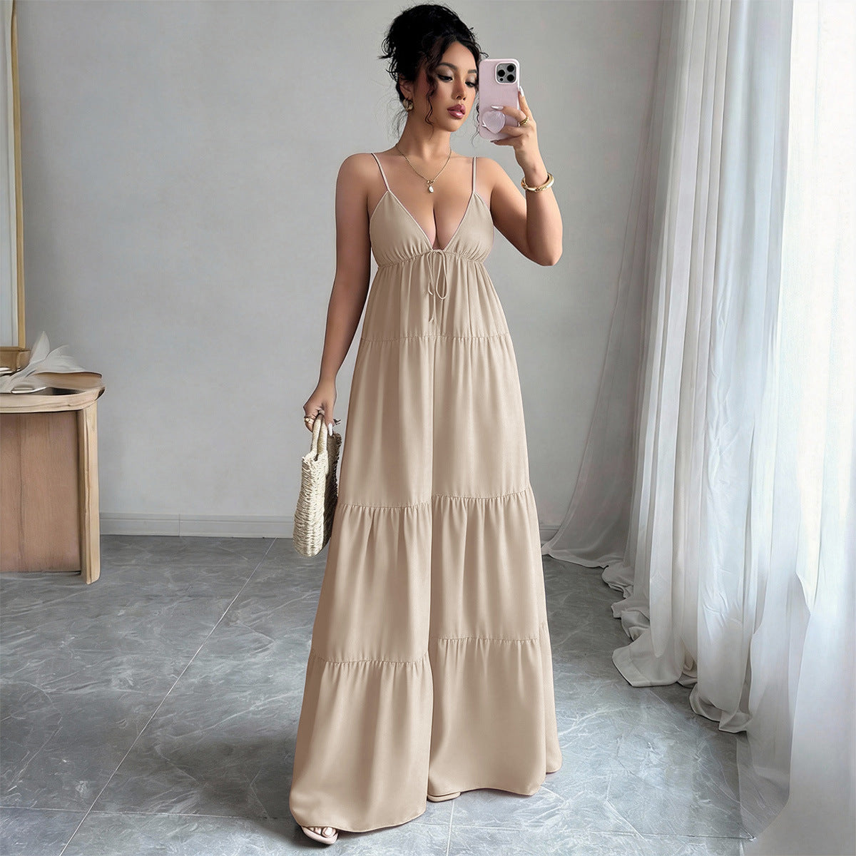 Women's Elegant Solid Color Spaghetti Strap Loose Dress