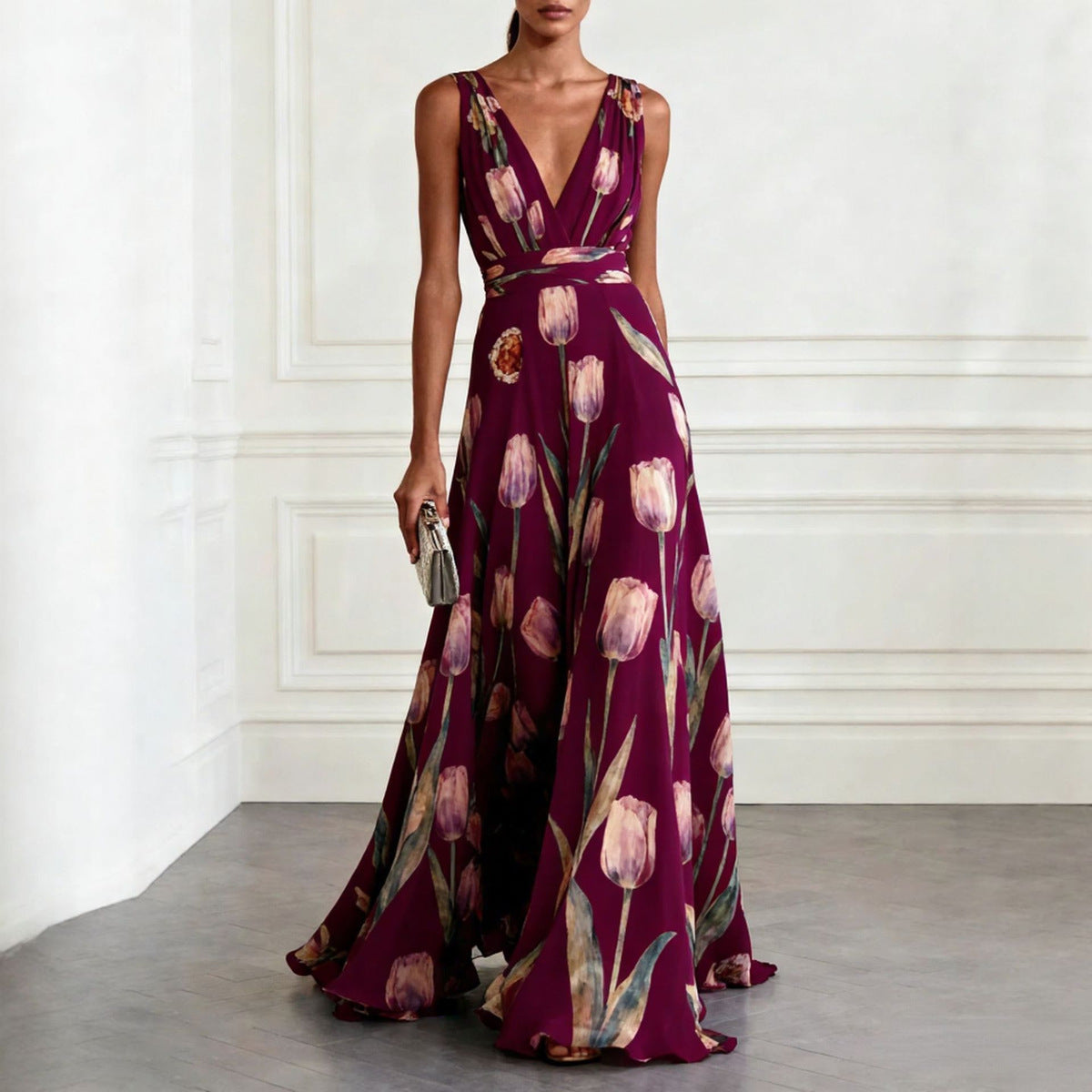 Women's Casual Flower Printed V-Neck Sleeveless Large Swing A-Line Dress