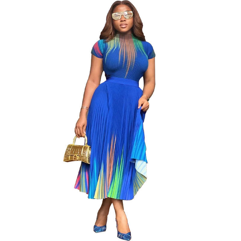 Women's Casual Abstract Printed Pleated Midi Dress, Short Sleeve