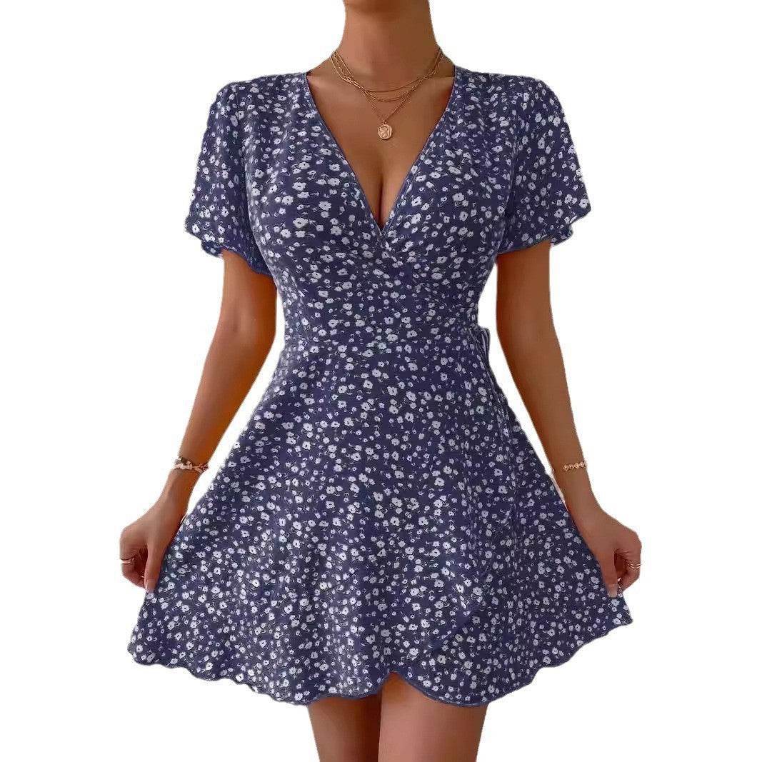 Women's Summer Casual Tiny Flower-Print Ruffle Wrap Dress
