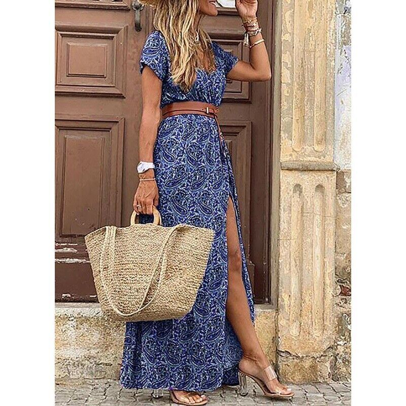 Women's Summer Boho Vacation Printed V-Neck Short Sleeve Split Dress