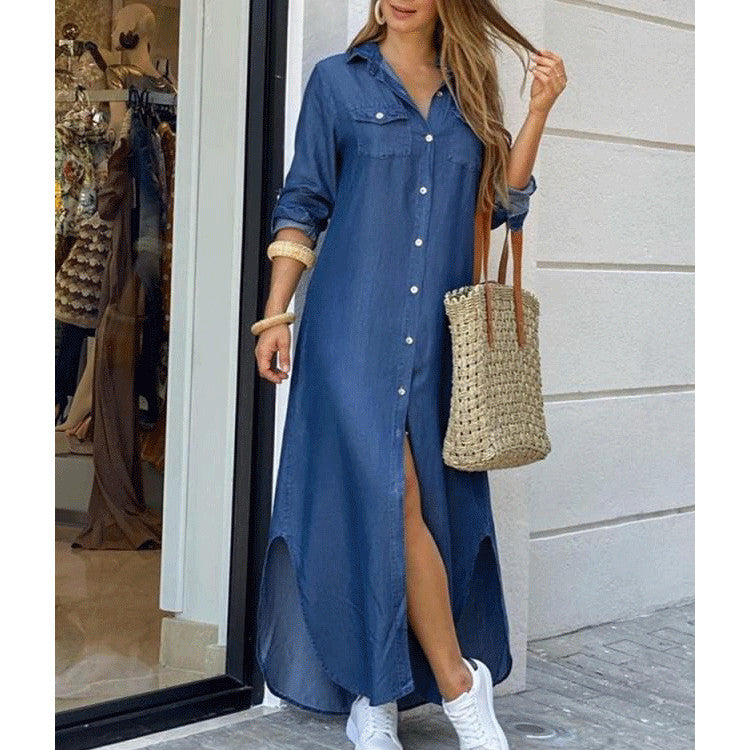 Women's Spring and Summer Camouflage Printed Lapel Long Sleeve Loose Dress