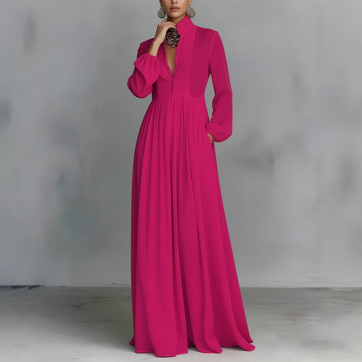 Women's Casual Summer Solid Color Collar Waist Long Sleeve Loose Dress