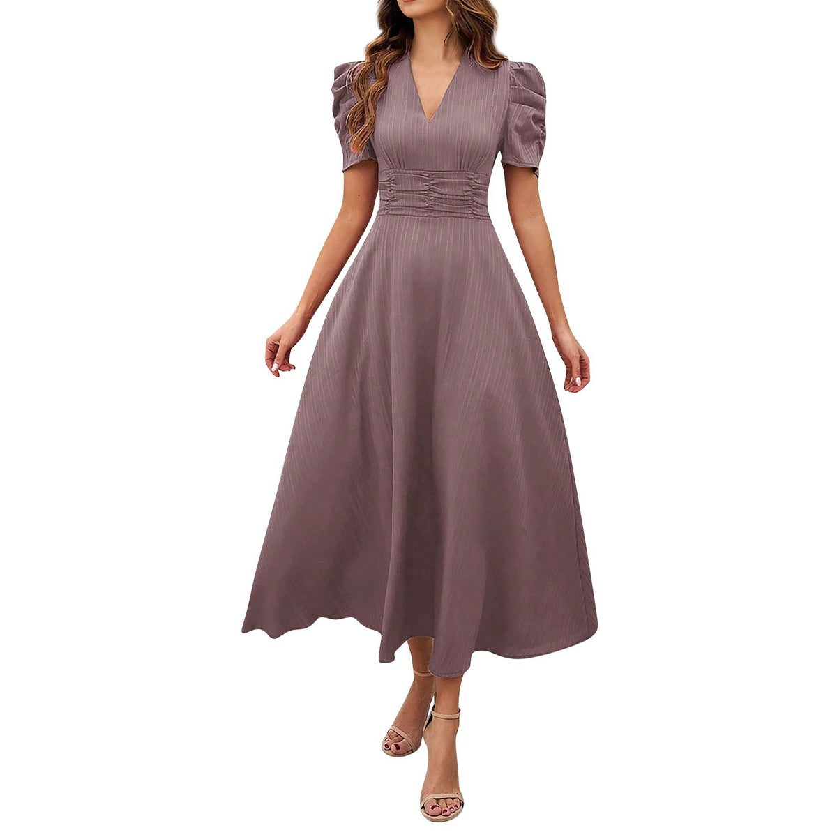 Women's Casual Spring and Summer Solid Color Short Sleeve High Waist Dress