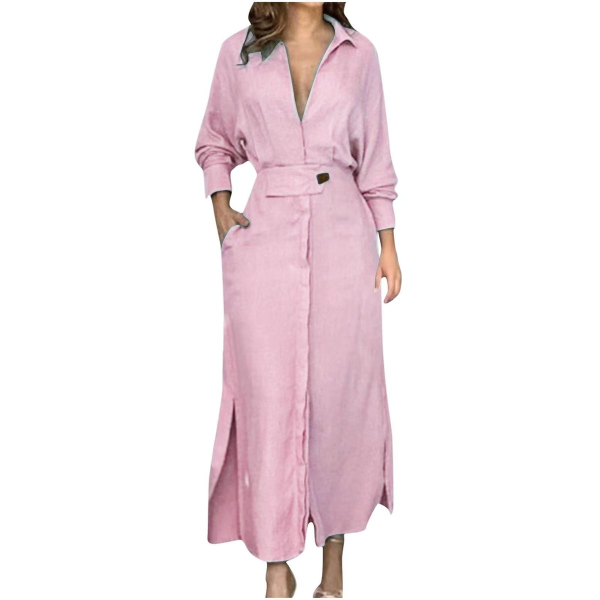 Women's Elegant Solid Color Lapel Long Sleeve Slim-Fit Midi Dress