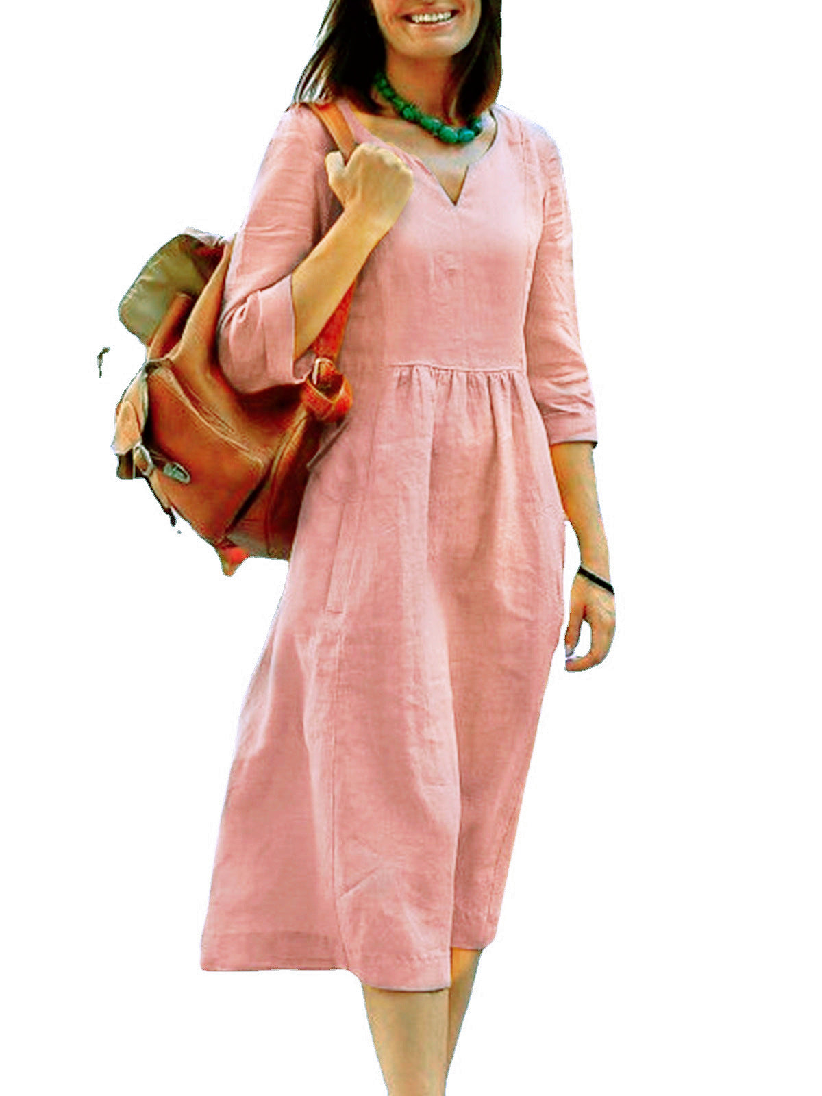 Women's Plus Size Summer Cotton Linen V-Neck Casual Midi Dress