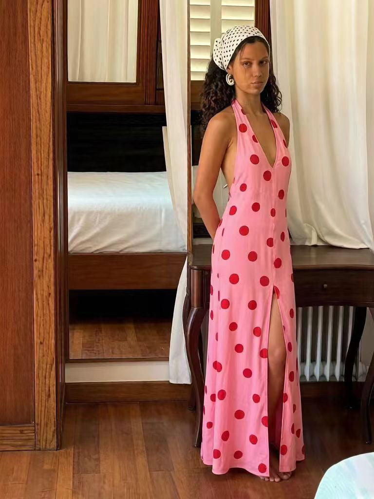 Women's Sexy Summer Polka Dot Print Halter-Neck Slim-Fit Backless Dress