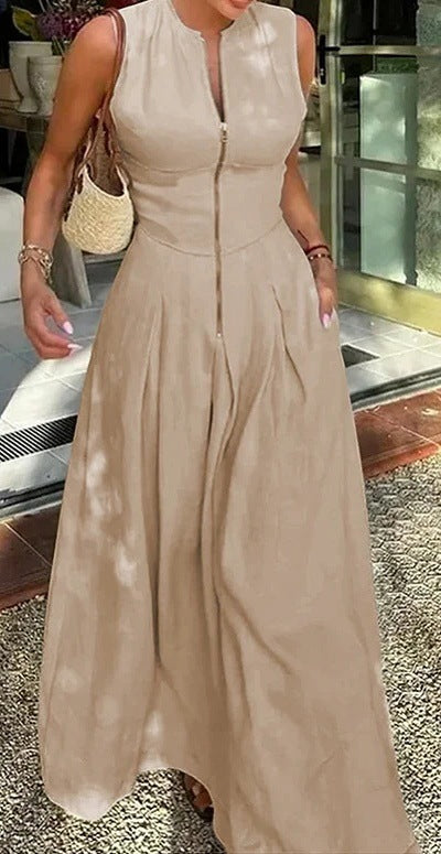 Women's Casual Summer Solid Color Sleeveless Zipper Long A-Line Dress