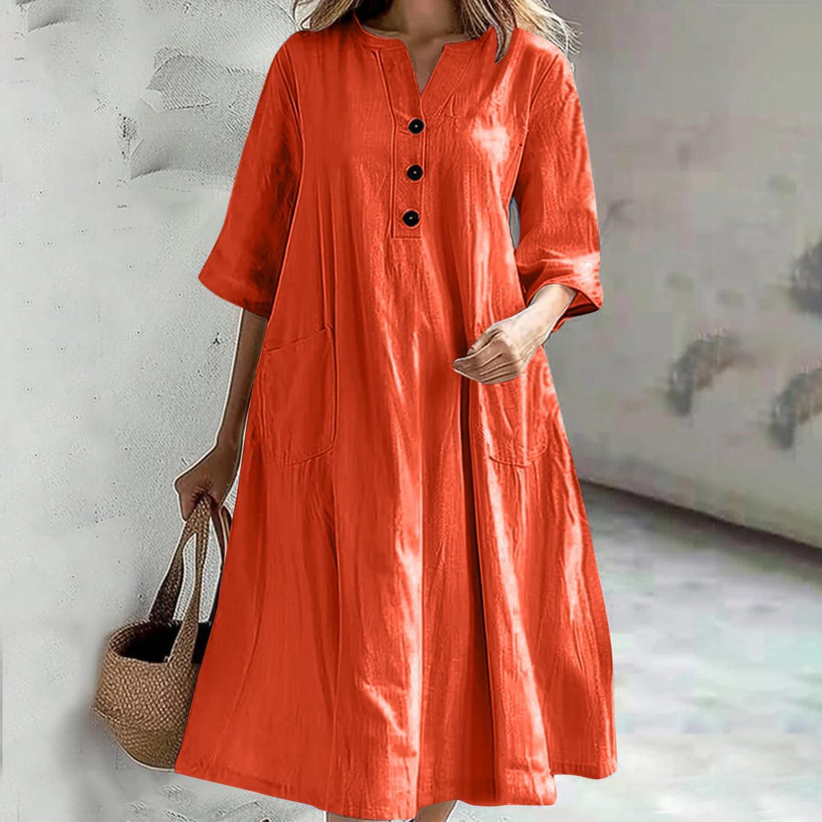 Women's Solid Color Cotton and Linen V-Neck Half-Sleeve Three-Button Dress