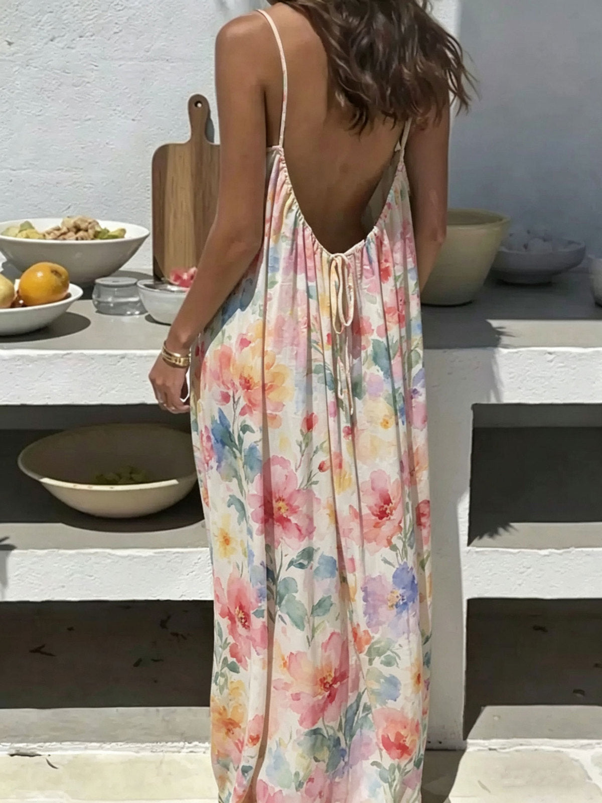 Women's Casual Print Loose Strap Maxi Dress