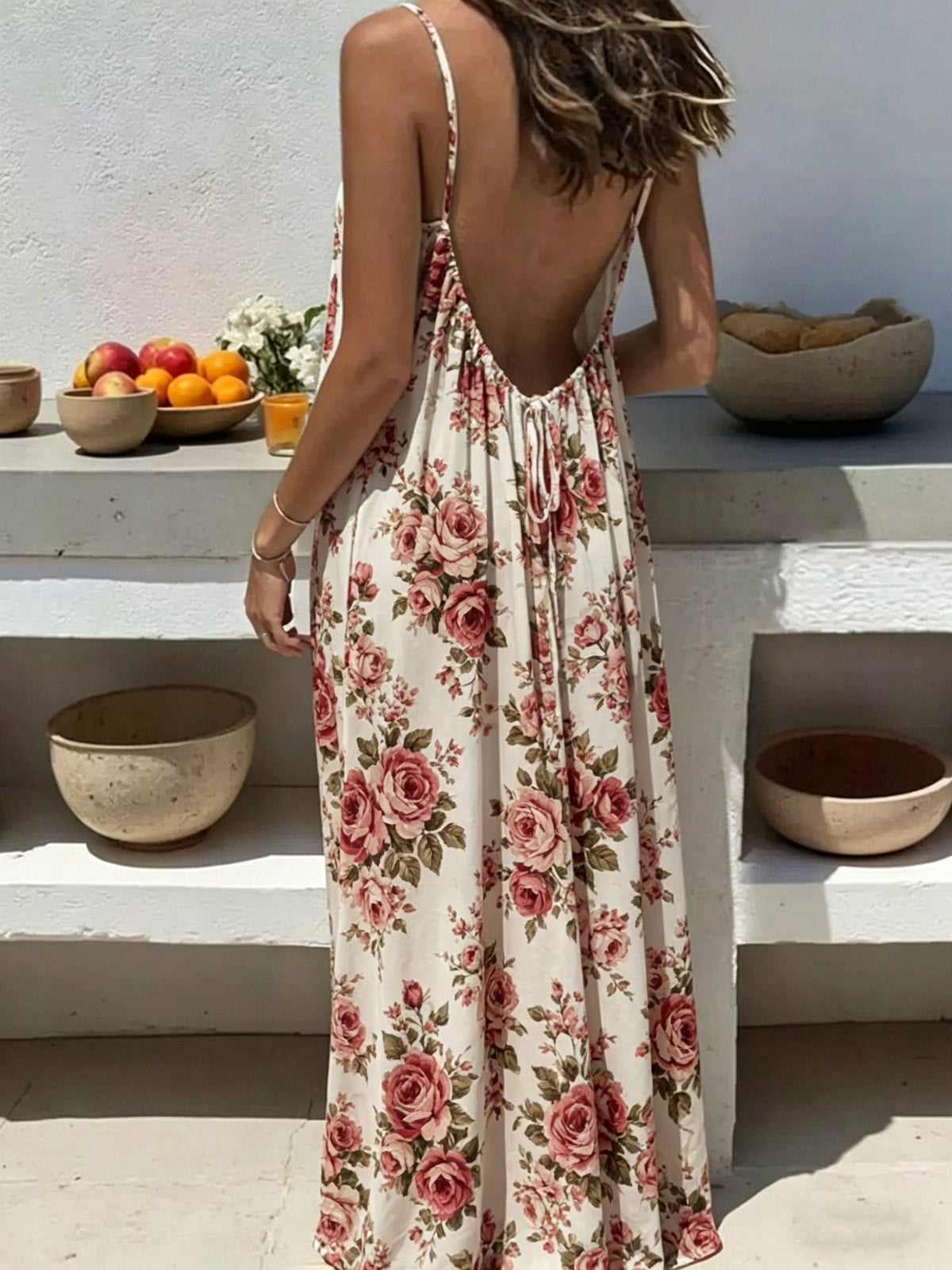 Women's Casual Print Loose Strap Maxi Dress