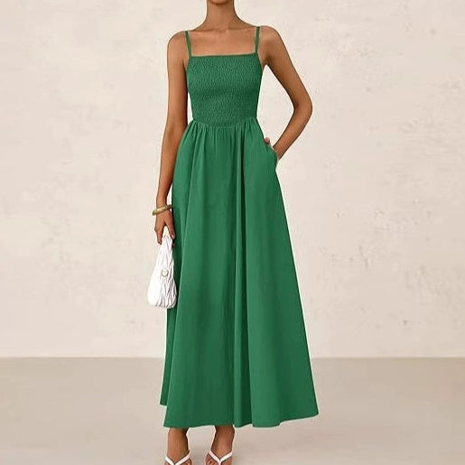 Women's Casual Solid Color Maxi Sundress with Spliced Design