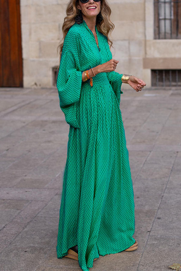 Women's Casual Geometric Pattern V-Neck Long Sleeve Loose Maxi Dress