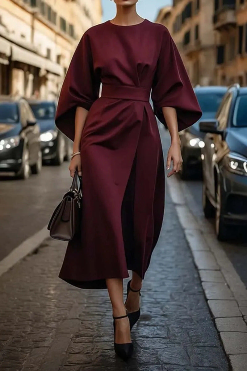 Women's Elegant Solid Color High Waist Bat Sleeve Dress