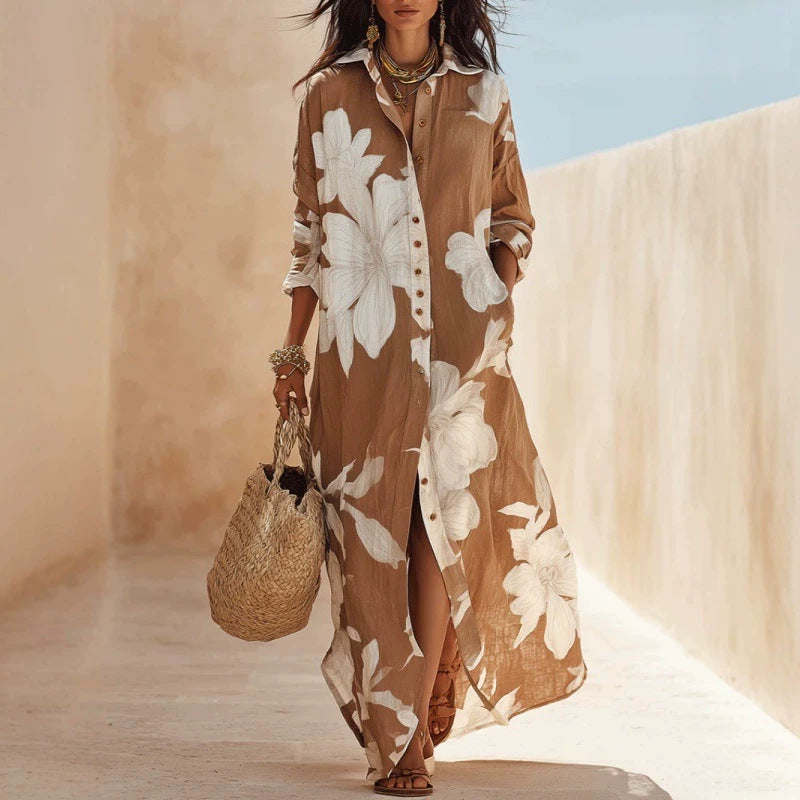 Women's Casual Flower Printed Long Sleeve Split Loose Dress