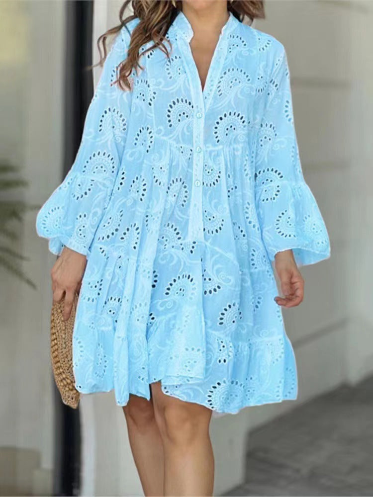 Women's Casual Cotton Princess Dress V-Neck Hollow Midi Dress
