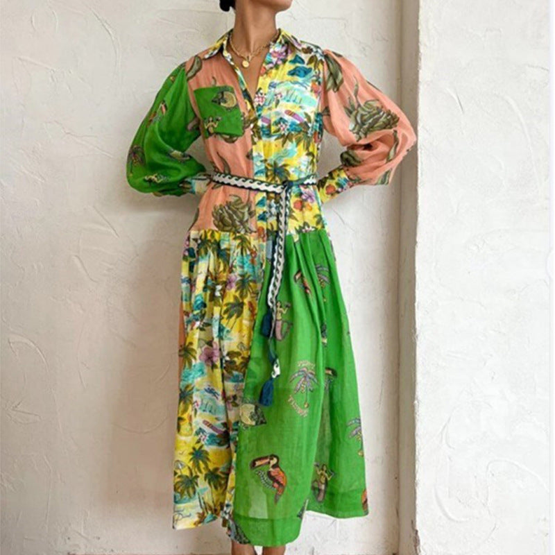 Women's Casual Fruit Floral Printed V-Neck Lantern Sleeve Midi Dress