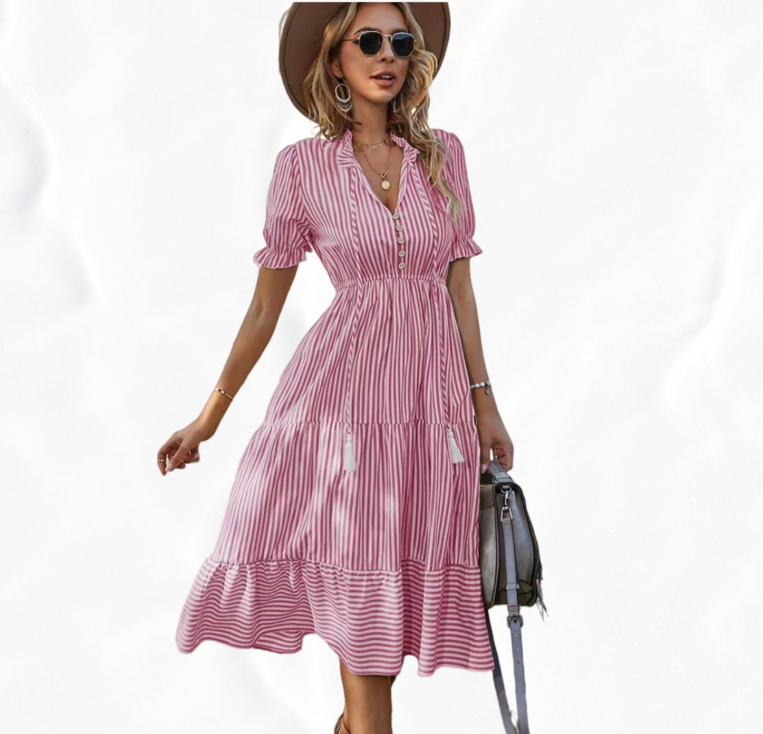 Women's Casual Stripe V-Neck Lantern Sleeve Elastic Waist Midi Dress